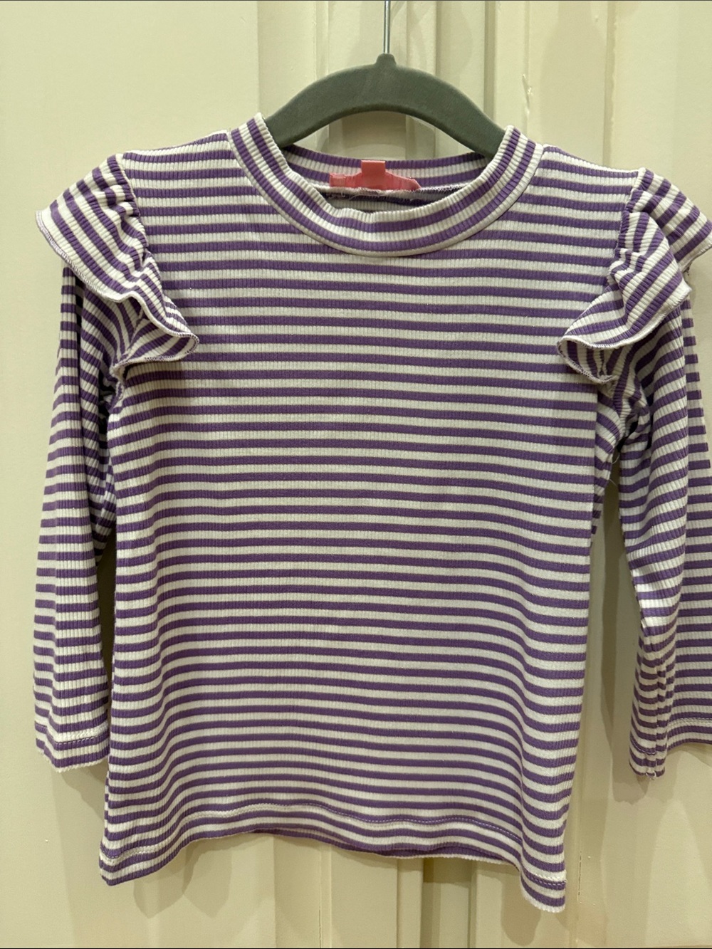 Bisby Girls' Purple & White Striped Ruffle Shoulder Mock Turtleneck Tencel Top